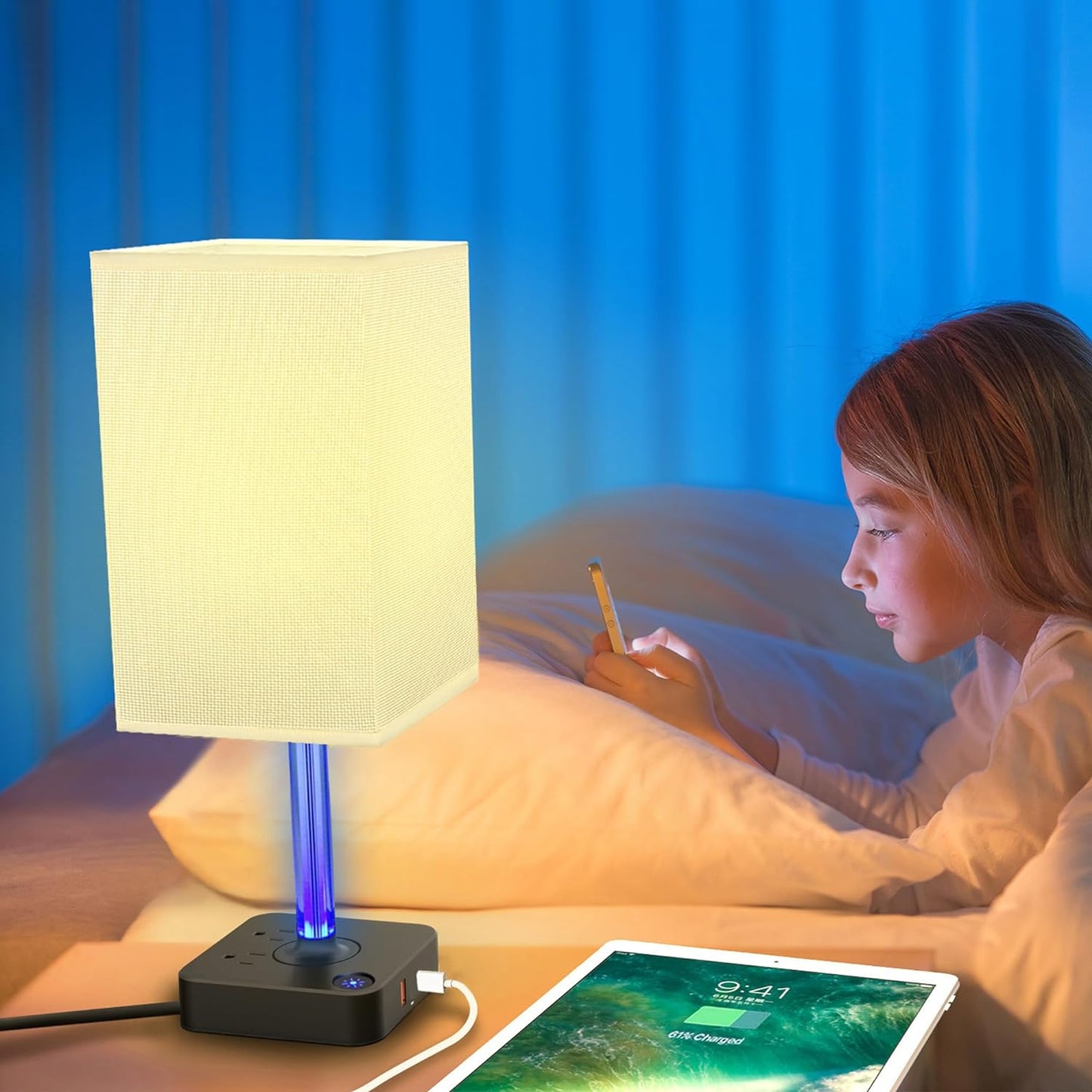 3 Way Dimmable Touch Bedside Table Lamp with 2 USB Charging Ports 2 Outlets Power Strip,Black Charger Base White Fabric Shade,Led Desk Night Light for Bedroom/Nightstand/Living Room/College Dorm