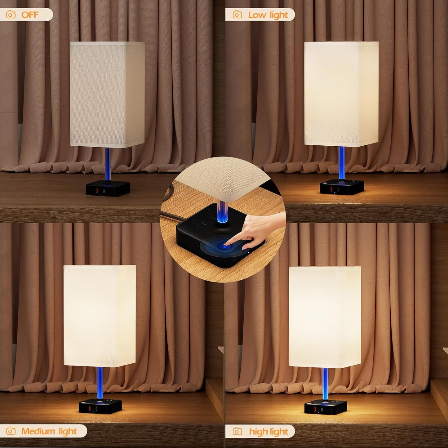 3 Way Dimmable Touch Bedside Table Lamp with 2 USB Charging Ports 2 Outlets Power Strip,Black Charger Base White Fabric Shade,Led Desk Night Light for Bedroom/Nightstand/Living Room/College Dorm