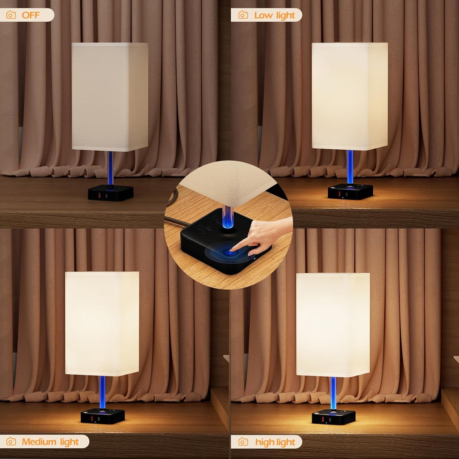 3 Way Dimmable Touch Bedside Table Lamp with 2 USB Charging Ports 2 Outlets Power Strip,Black Charger Base White Fabric Shade,Led Desk Night Light for Bedroom/Nightstand/Living Room/College Dorm