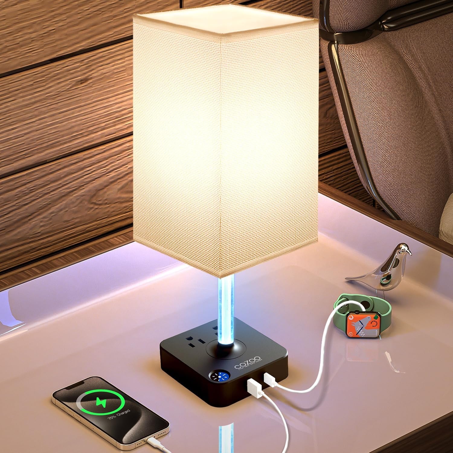3 Way Dimmable Touch Bedside Table Lamp with 2 USB Charging Ports 2 Outlets Power Strip,Black Charger Base White Fabric Shade,Led Desk Night Light for Bedroom/Nightstand/Living Room/College Dorm