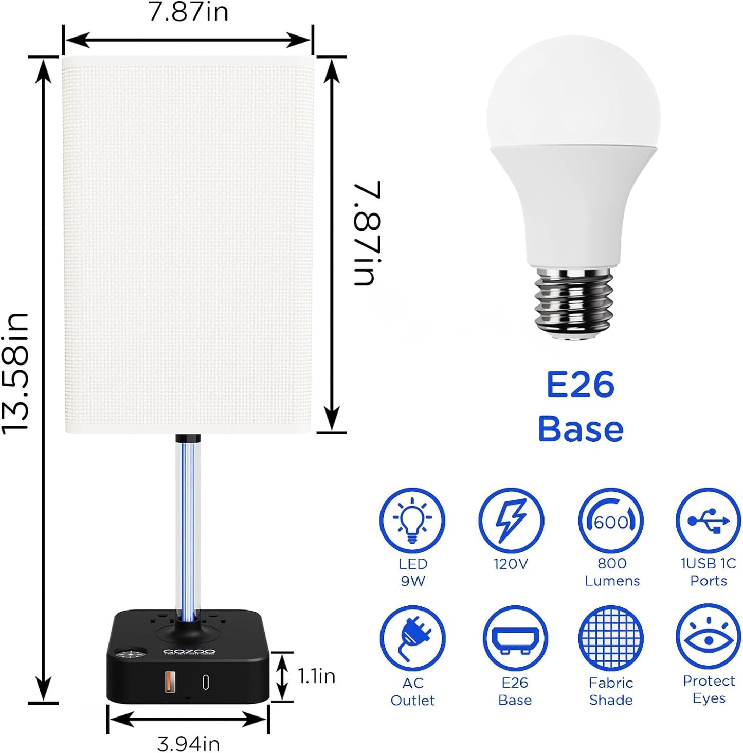 3 Way Dimmable Touch Bedside Table Lamp with 2 USB Charging Ports 2 Outlets Power Strip,Black Charger Base White Fabric Shade,Led Desk Night Light for Bedroom/Nightstand/Living Room/College Dorm