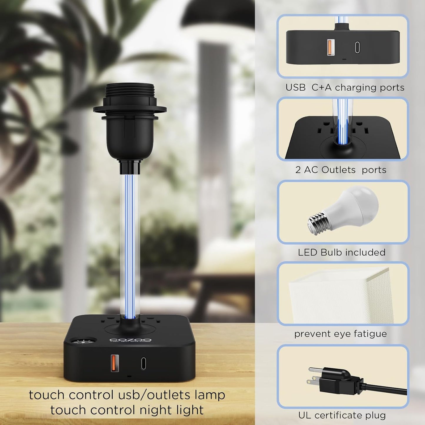 3 Way Dimmable Touch Bedside Table Lamp with 2 USB Charging Ports 2 Outlets Power Strip,Black Charger Base White Fabric Shade,Led Desk Night Light for Bedroom/Nightstand/Living Room/College Dorm