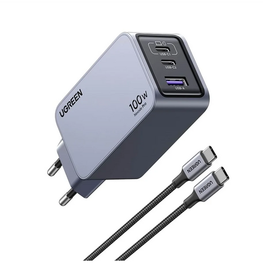Ugreen Nexode Pro EU 3-Port GaN PD Fast Charger With USB-C Cable Универсален Черен, Сив Променлив ток (AC) Бързо зареждане На закрито (25874)-0